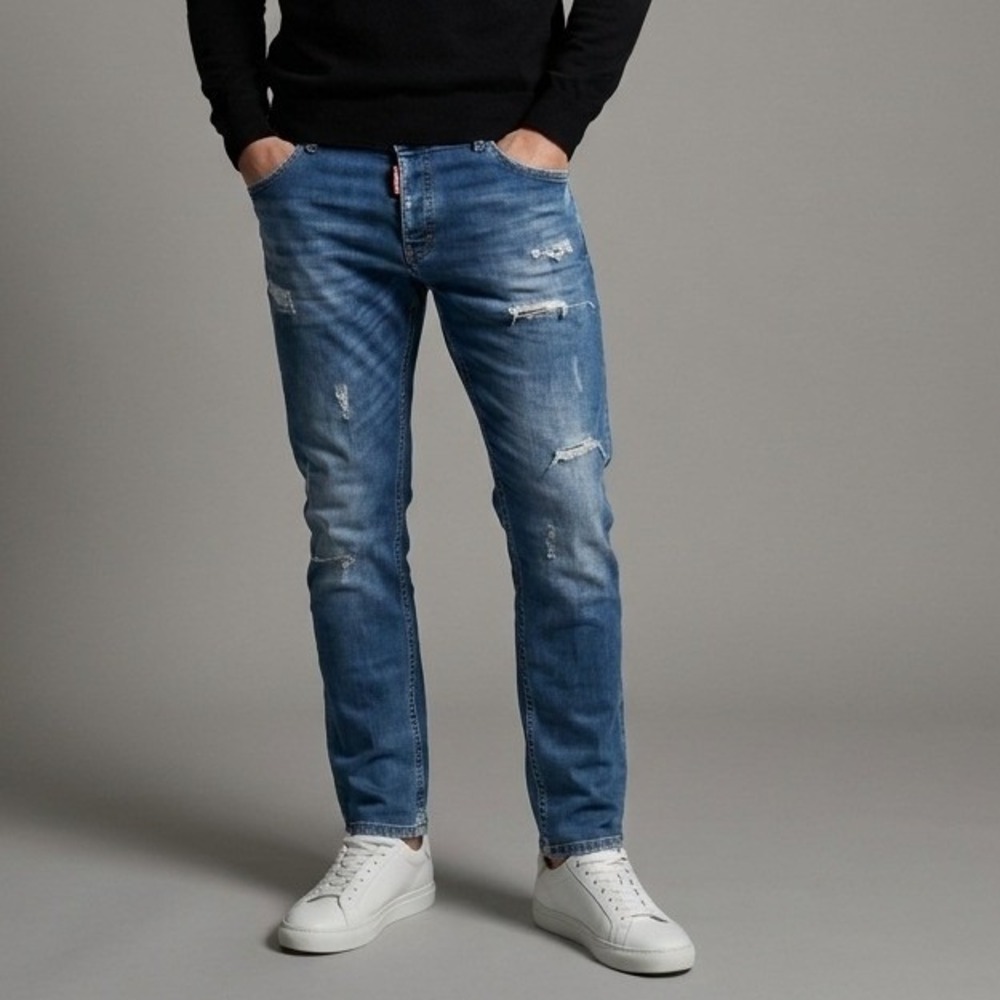 DSquared2 Men's Blue Distressed Ripped Slim Straight Jeans Size 38x34 Italy